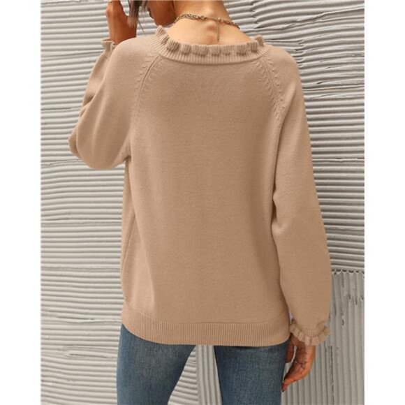 Women's Sweaters – Fall/Winter Long Sleeve, Button-Down, Ruffle Crew Neck - Picture 3 of 7